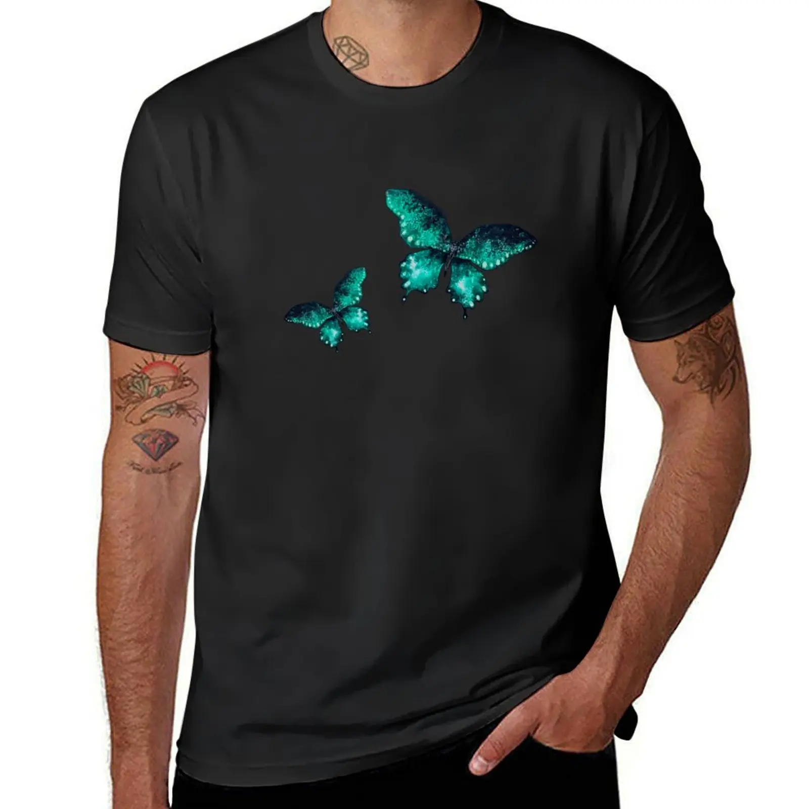 Turquoise, emerald butterflies in vintage, artistic style, watercolor T-Shirt quick-drying korean fashion graphics t shirt men