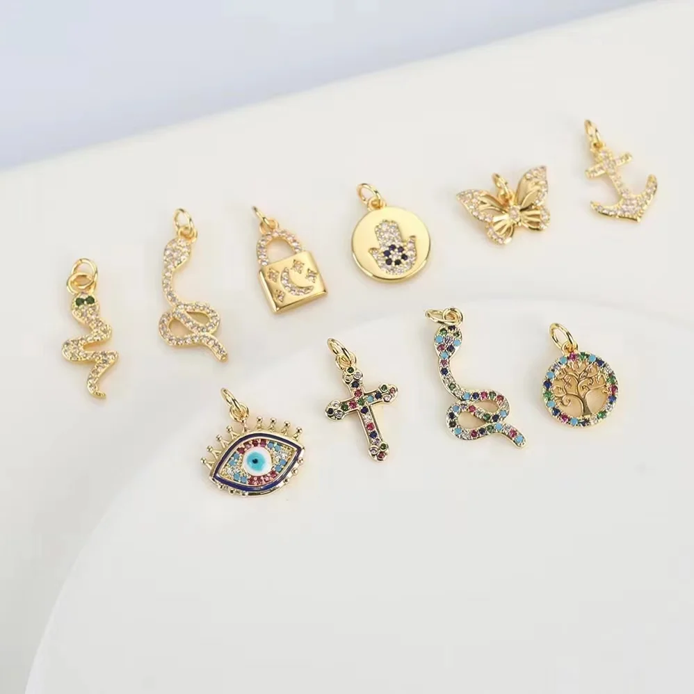 Snake Butterfly Cross Evil Eye Enamel Gold Plated Pendant Ladies Popular DIY Accessories Earrings Bracelet Necklace Zircon Charm