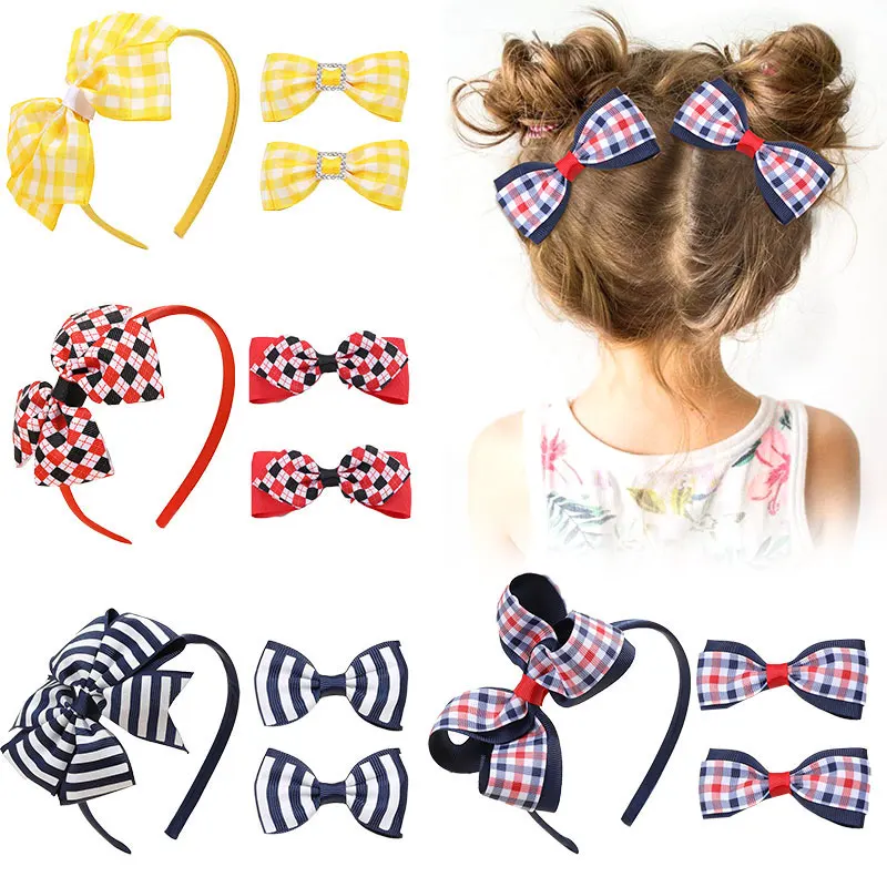 ncmama 3Pcs/set Classical Plaid Hair Bows Heaband Hair Clip For Baby Girls Cute Striped Barrettes Kids Headwear Hair Accessories