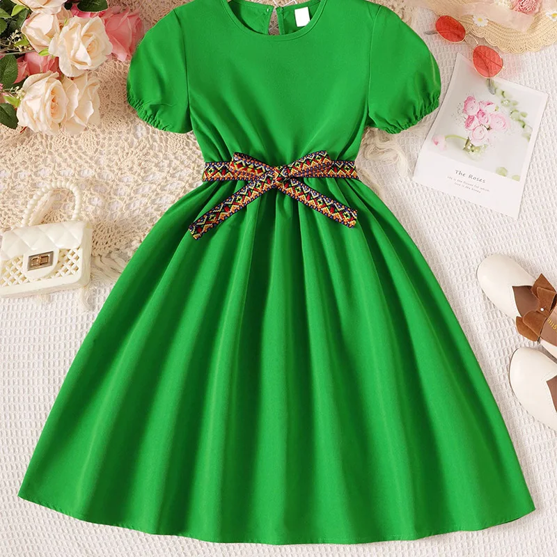 Summer Cute Girl Girl Detachable Belt Decoration Round Neck Short Sleeve Princess Dress Birthday Party Wedding Children\'s Dress