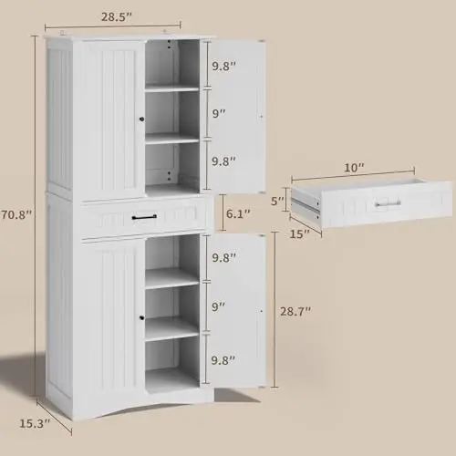 71'' Kitchen Pantry Storage Cabinet, Freestanding Pantry Organizers and Storage Cabinet with 4 Doors and 4 Adjustable