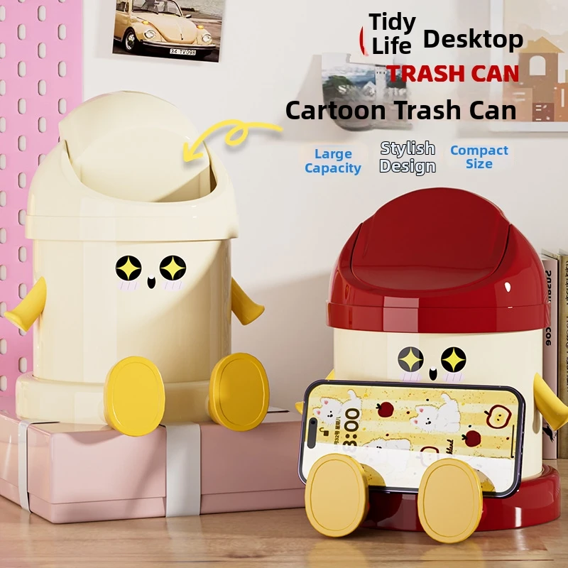 Cute Mini Swing Lid Desk Trash Can Kawaii Cartoon Small Waste Bin Plastic Tabletop Garbage Container For Bedroom Office Dorm Des