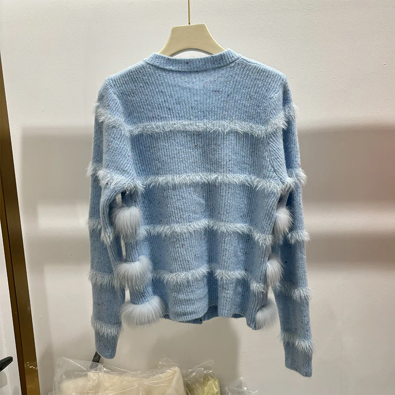 Nowa kolekcja 2025: Damski jesienny niebieski sweter z prawdziwego futra lisa, naturalne futro, nowy wzór, dzianinowa kurtka.