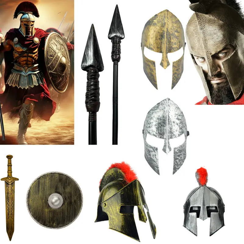 

Spartan Warrior Helmet Mask Ancient Hat Soldier General ield Roman Samurai Red Plume Gun Cosplay Accory Prop Doll Costume