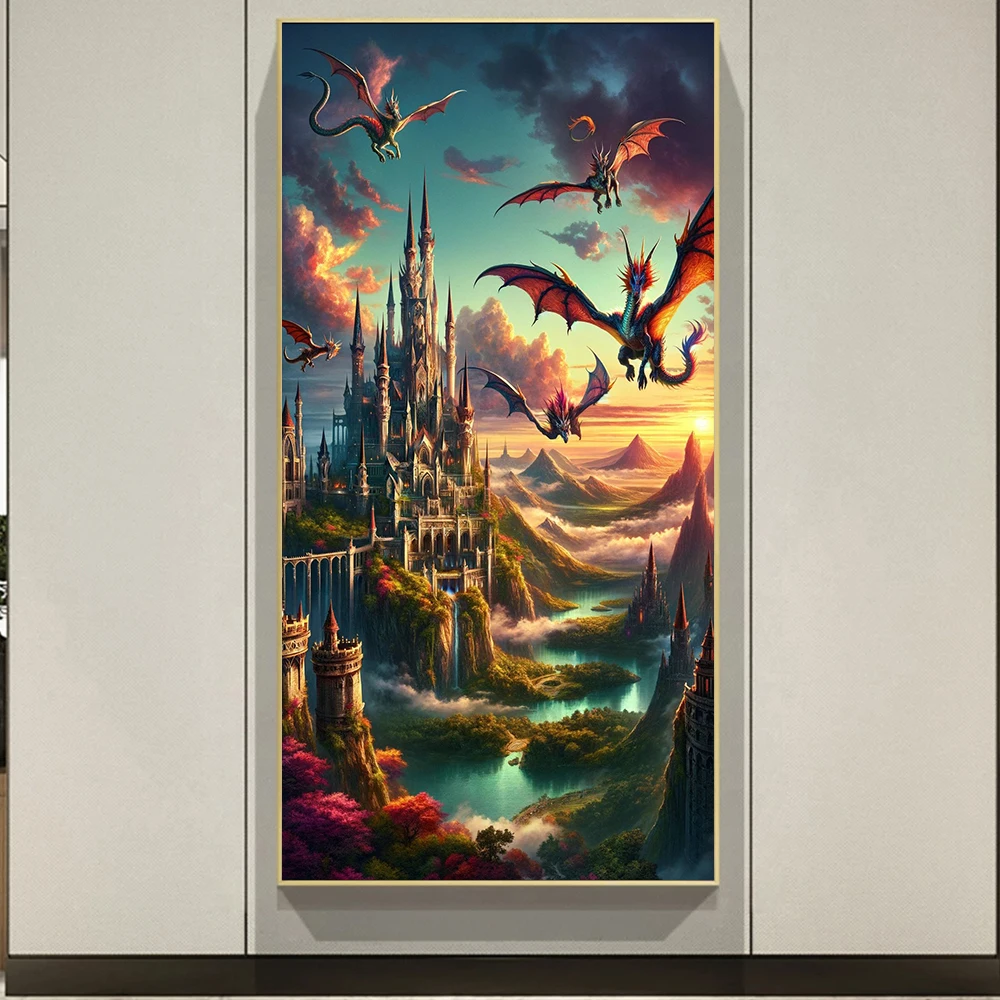 

Mythical Dragon Castle Canvas Painting Wall Art Mysterious Fantasy Kingdom Landscape Poster Prints For Living Room Home Decor