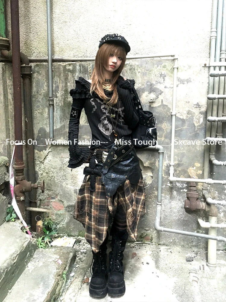 Design Vintage Harajuku Black Tops Women Long Sleeve Subcultural Punk Knit Sweater Gothic American Pullover Female Elegant Y2k