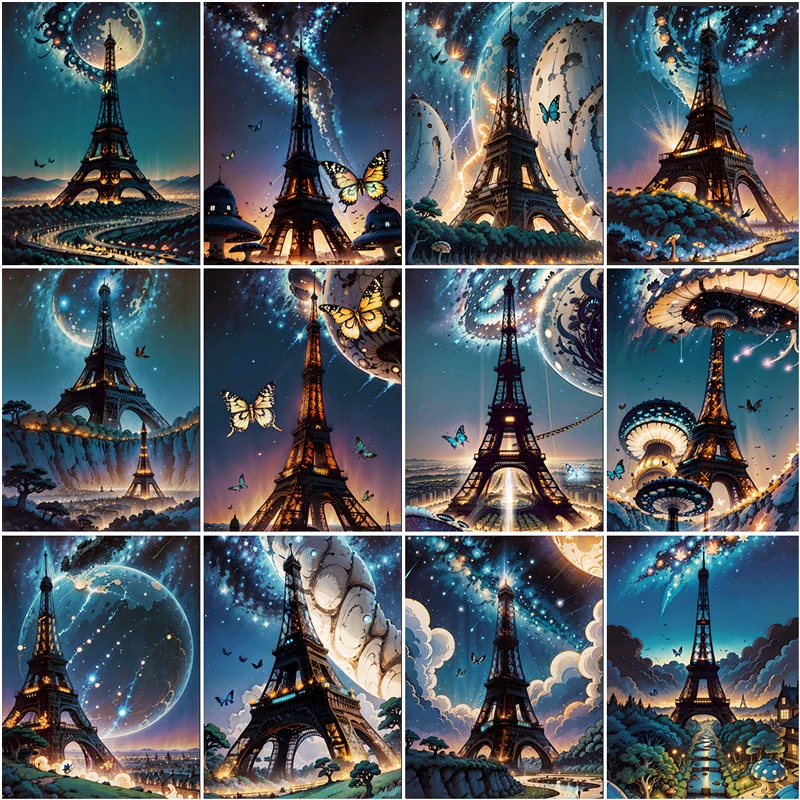 

Landscape 5D Mosaic Diamond Painting Beautiful Night Sky Tower Butterfly Full Diamond Mosaic DIY Cross Stitch Home Decoration