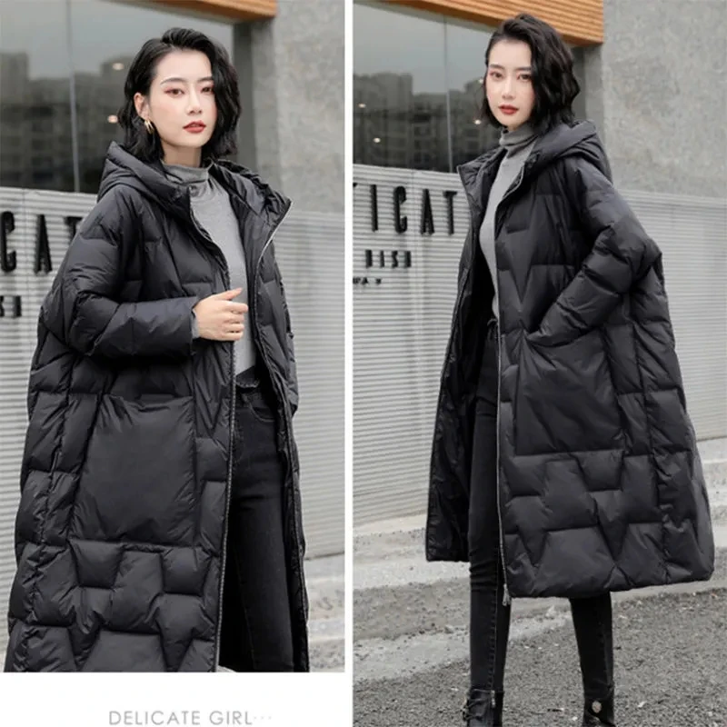 Women\'s Down Coat 2023 Winter White Duck Down Jacket Women Thick Warm Puffer Parkas Long Hooded Down Overcoat Female Basic Coats