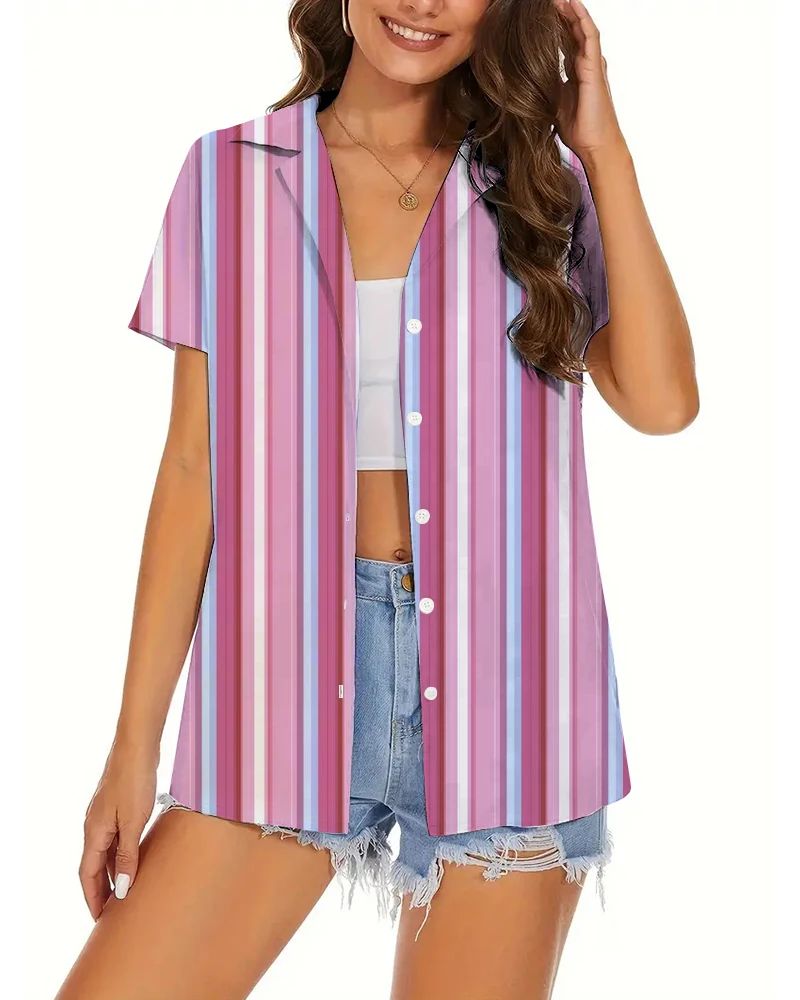 

Women's New Short Sleeve Suit Collar Shirt Striped Print Design Thin Shirt Top Daily Breathable Comfortable Spring And Summer
