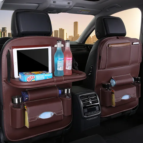 Imagen 2 del producto Organizador para respaldo de asiento de coche con bandeja de mesa plegable, organizador de almacenamiento de cuero PU, bolsillos, alfombrillas, accesorios interiores para asiento