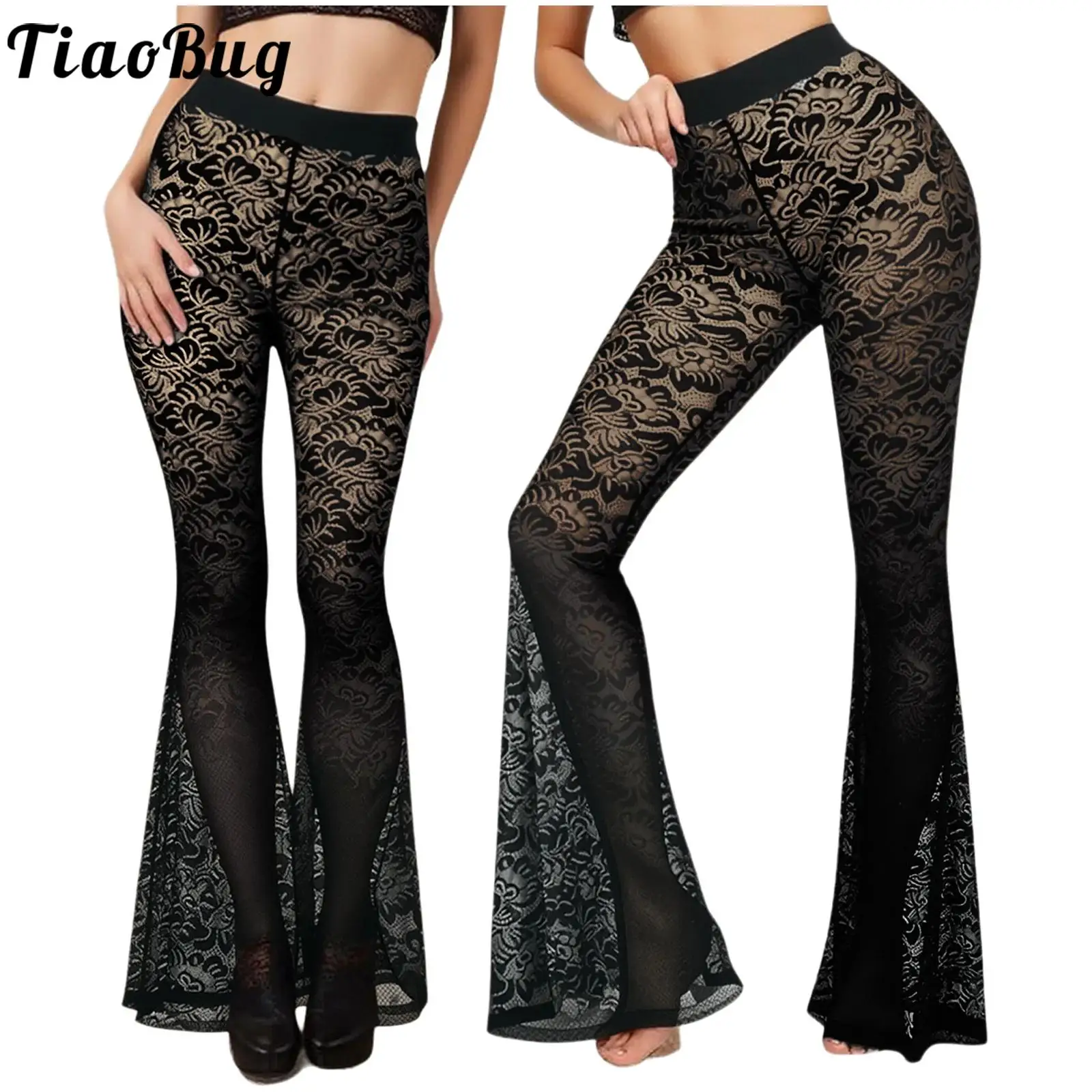 

Wet Look Women See Through Floral Lace Flared Pants High Waist Bell Bottoms Cover-up Long Pants Trousers for Club Birthday Party
