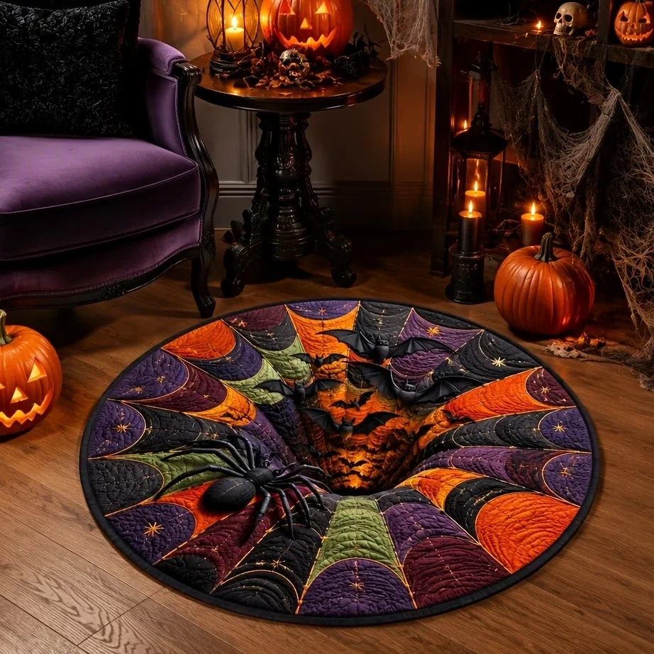 Spider Bat Halloween 3D Pit Floor Mat Bedroom Kitchen Coffee Table Entrance Hallway Sofa Side Home Decor Circle Area Rug Doormat