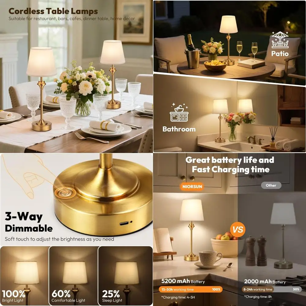 

Cordless Table Lamp Set, 2-Pack, Battery-Powered, 3-Way Dimmable, Bedside & Desk Lamp with Warm White Light, Suitable for Bedroo
