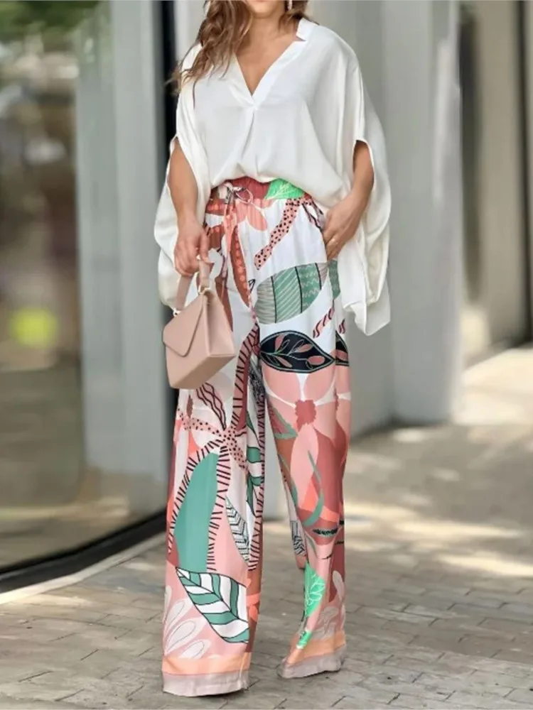 

Autumn Women's Set Clothing Fashion V-neck Batwing Sleeves Tops High Waist Loose Wide Legs Trousers Printed Pants Two Piece Set