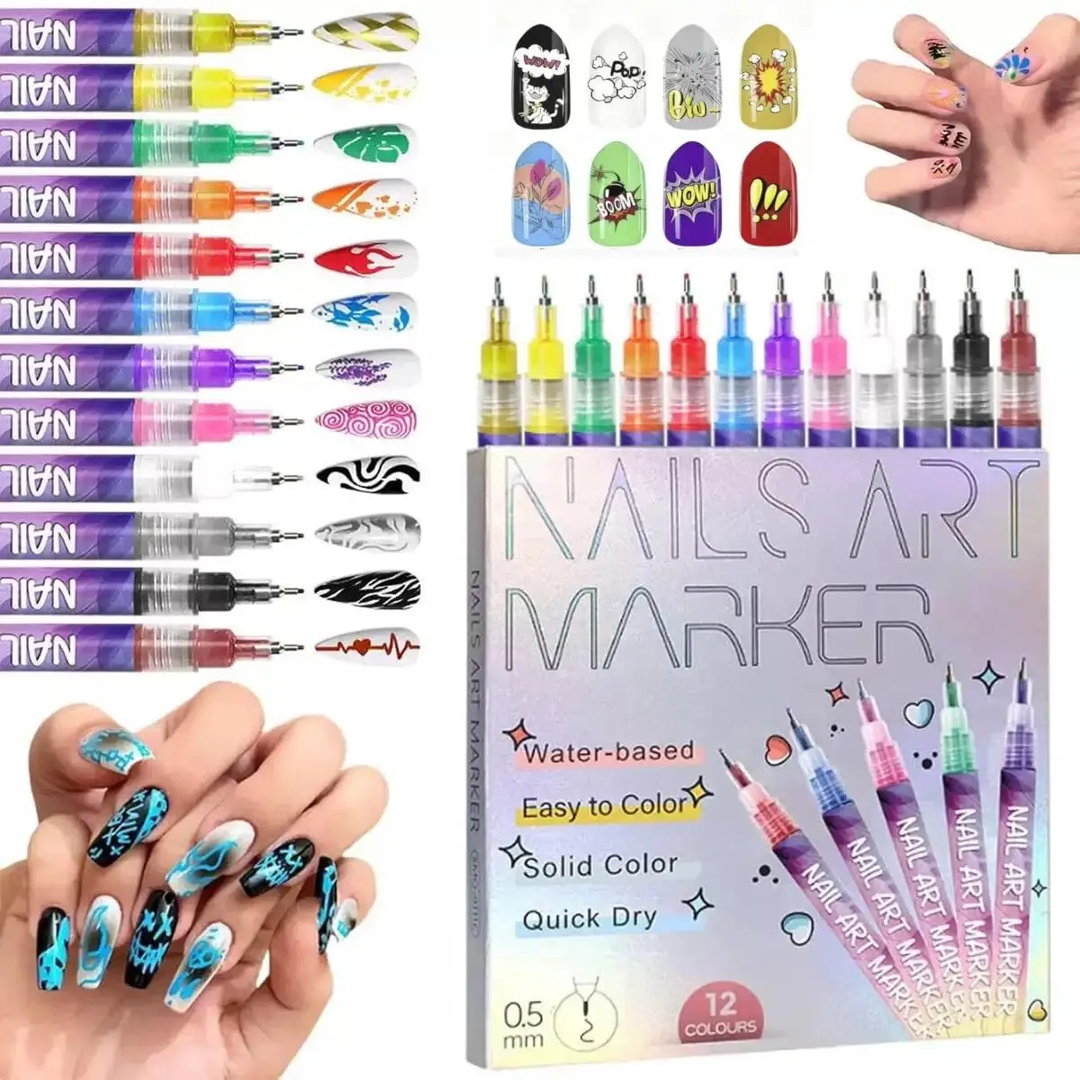 

12 Colors Nail Art Marker Pens Set, 0.5mm Fine Tip Water-Based Quick Dry Nail Graffiti Pen for DIY Manicure Nail Design Tools