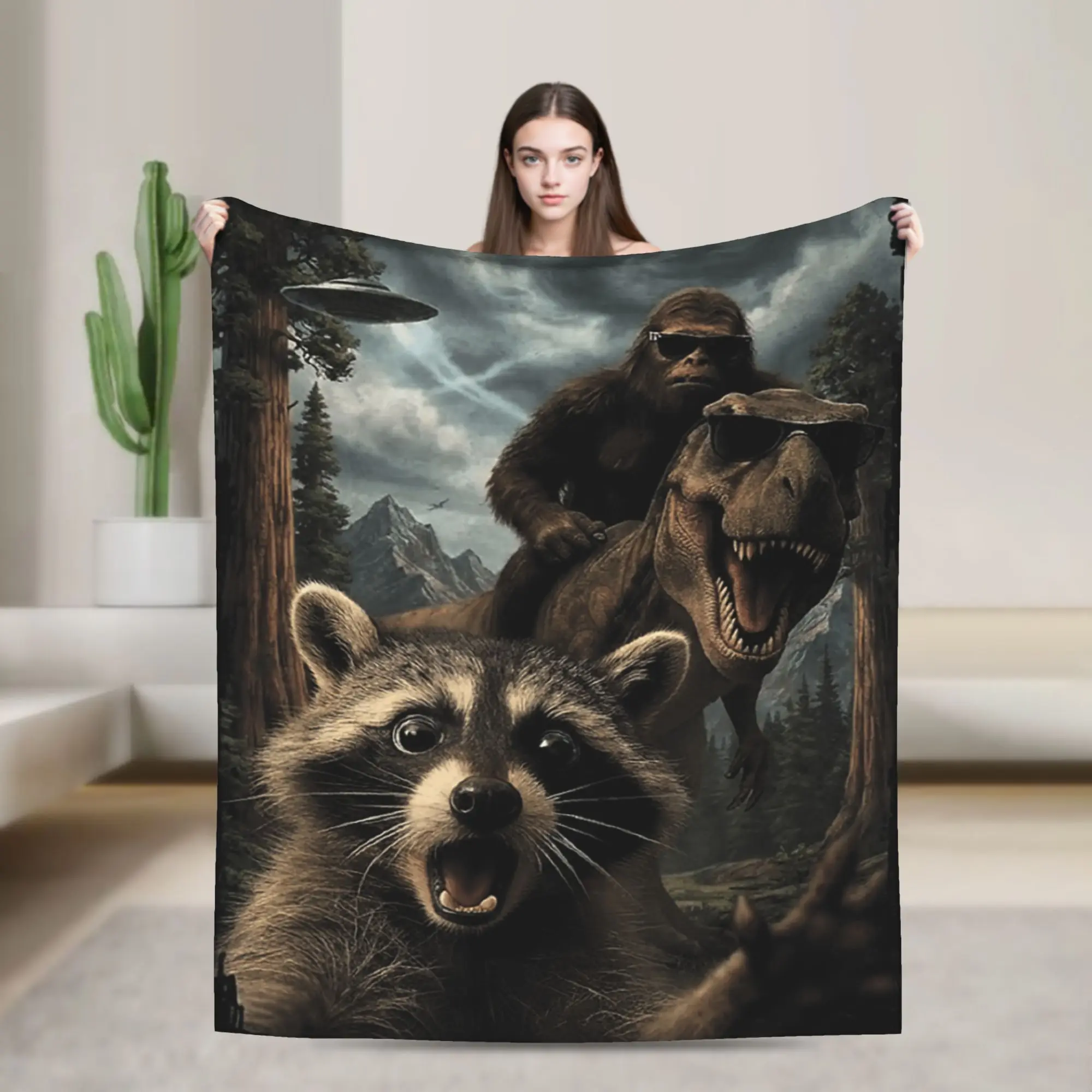 Super Soft Funny Bigfoot Ride Dinosaur Raccoon Throw Blanket Premium Fleece Flannel Lightweight Bed Blanket Cozy Plush Bedspread