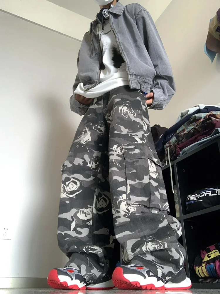 

Американские брюки-карго с принтом Ghost Rose, камуфляжные, свободные, повседневные, длинные, в стиле хип-хоп, ретро, прямого кроя