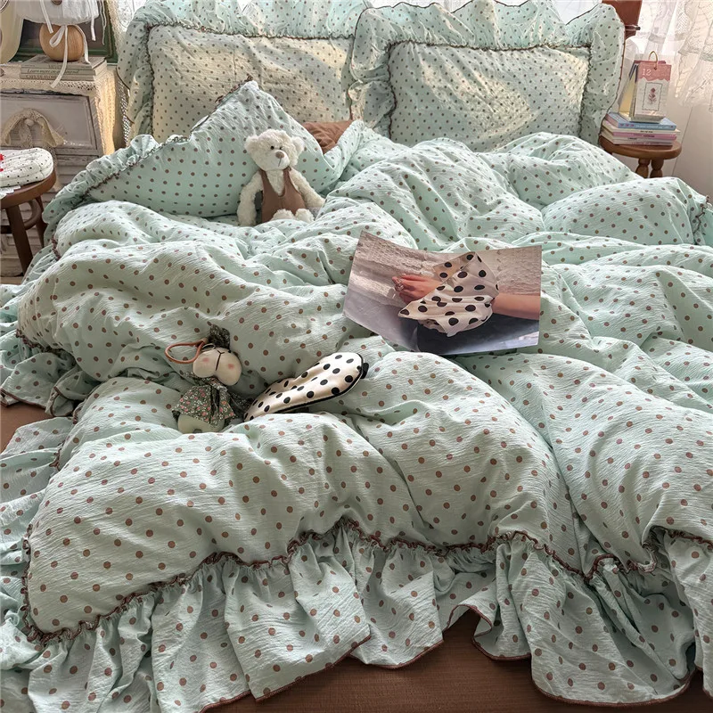 3/4Pcs Korean Princess Style Spotted Pattern Ruffles Bedding Set Single Queen King Size Duvet Cover Set Bed Sheet Pillowcases
