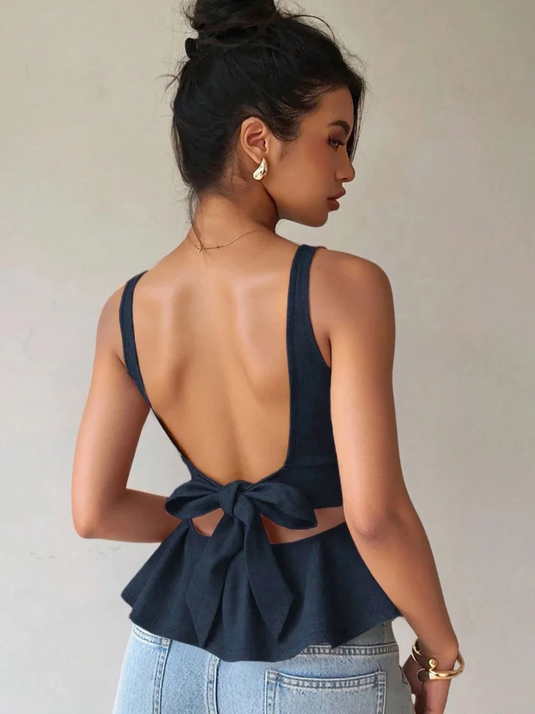 Solid Color Backless Lace Up Women's Top Slim Fit Boat Neck Fluffy Trumpet Shaped Hem T-shirt 2026 Summer Date Casual Lady Wears