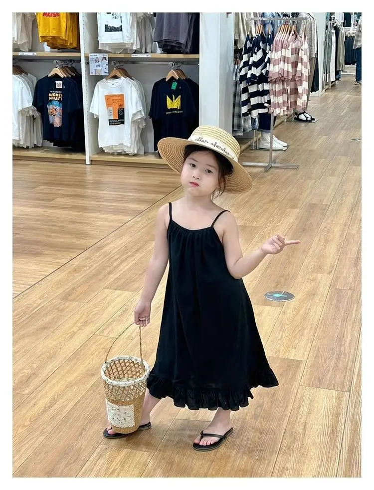 Korean Version Beach Dress Girls' Backless Summer Hildren's Beach Vacation Solid Color Fashion Kids Dress