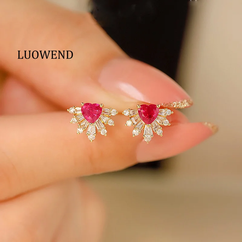 LUOWEND 100% 18K Yellow Gold Earrings Luxury Diamond Natural Ruby Earrings for Women Shiny Heart Shape High Wedding Jewelry