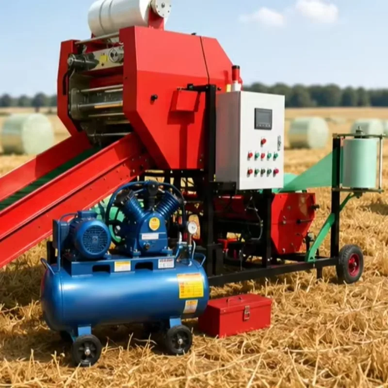 Automatic Bale Wrapping Baler Machine Forage Grass Silage Food Grade Electric Driven Engine Bearing PLC Pump Bags