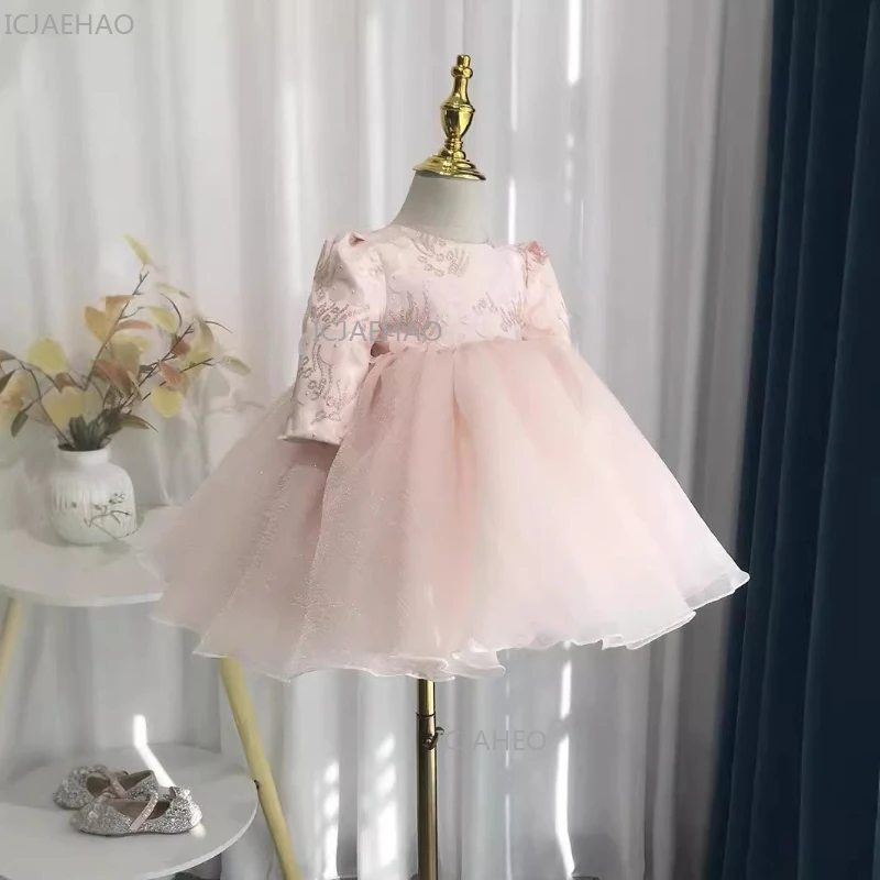 Korean Style Baby Girl First Birthday DressGirl Wedding Party Host Pageant Outfit Long Sleeve Puffy Tulle Princess Gown Flower