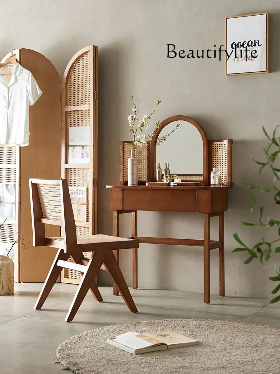 N19 Japanese-Style Ins Rattan Dressing Table Nordic Solid Wood Makeup Table Bedroom Women's Modern Simple Small Apartment