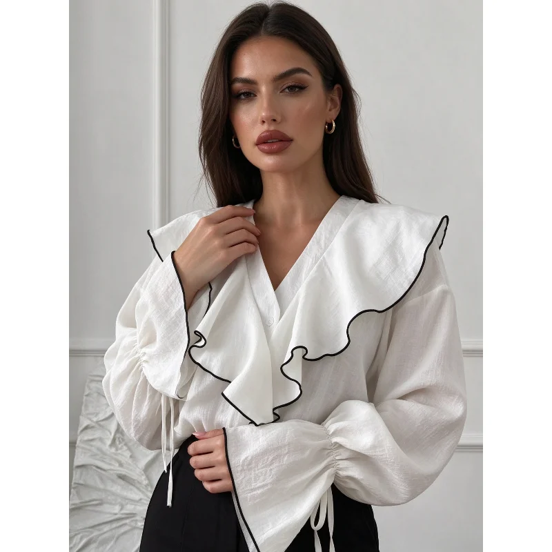 Chic Women V‑Neck Ruffle Collar Blouse, Contrast Black Piping Flare Long Sleeve Shirt, Loose Drawstring Cuff Casual Office Top
