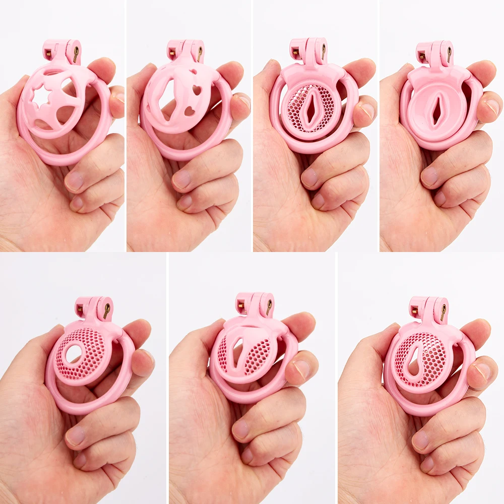 Super Small Pink Pussy Chastity Cage Print Lightweight Male Cock Cage With 4 Flat Base Ring Erotic Bondage BDSM Sex Toys For Men