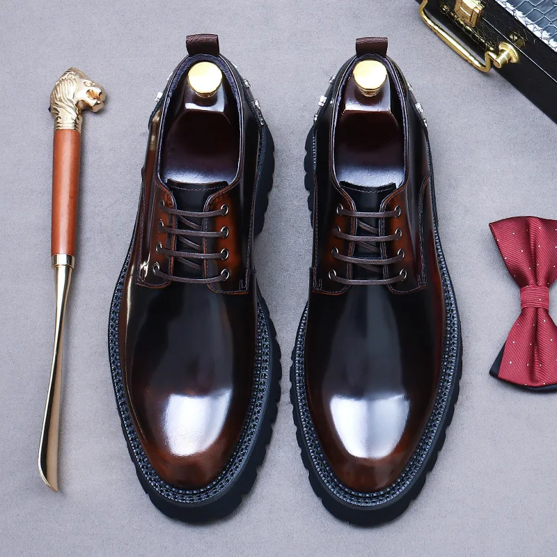Men's New Business Dress Shoes Thick Sole Round Toe Leather Lace-up Men's Shoes Wedding Shoes Cowhide Shoes