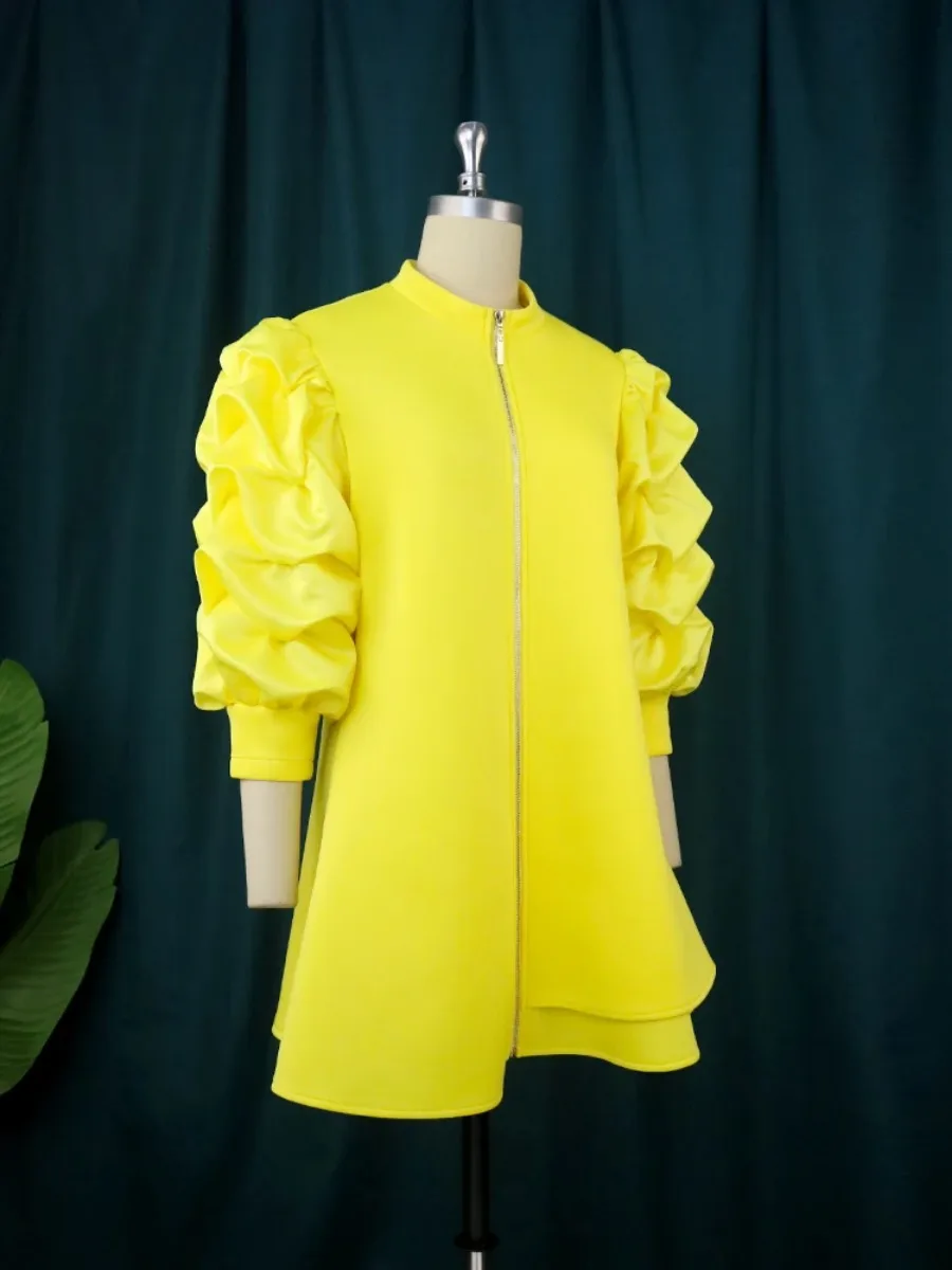 Women Yellow Mini Dresses High Neck Three Quater Puff Sleeve Zipper Up Loose Casual Retro Vintage Party Club Events 4XL Female