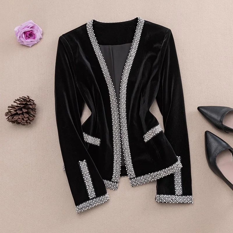 High End Women's Gold Velvet Pearl-Trimmed Short Blazer & Pants Set Elegant Spring Autumn Trendy Slim Fit Two-Piece Suit W1832