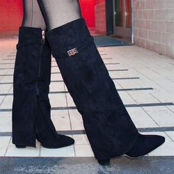 Onlymaker  Flock Knee High Boots Pointed Toe Side Zipper Metal Buckle Decoration Square Spring Autumn Fashion Black High Heels