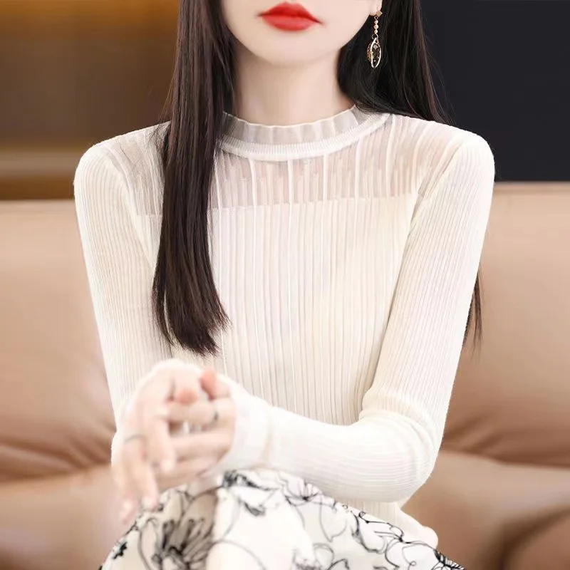 

Женская внутренняя одежда Ele Lace Base Layer irt с высоким воротником, полый вязаный шерстяной топ, модный длинный рукав для поездок на работу...