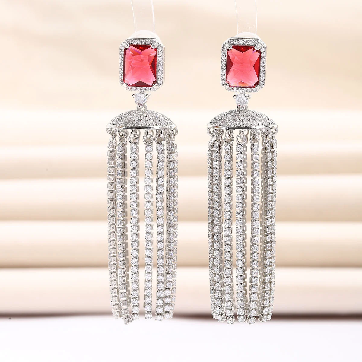 

925 Silver Needle Ruby Red CZ Tassel Drop Earrings, Sparkling Luxury Statement Jewelry for Women