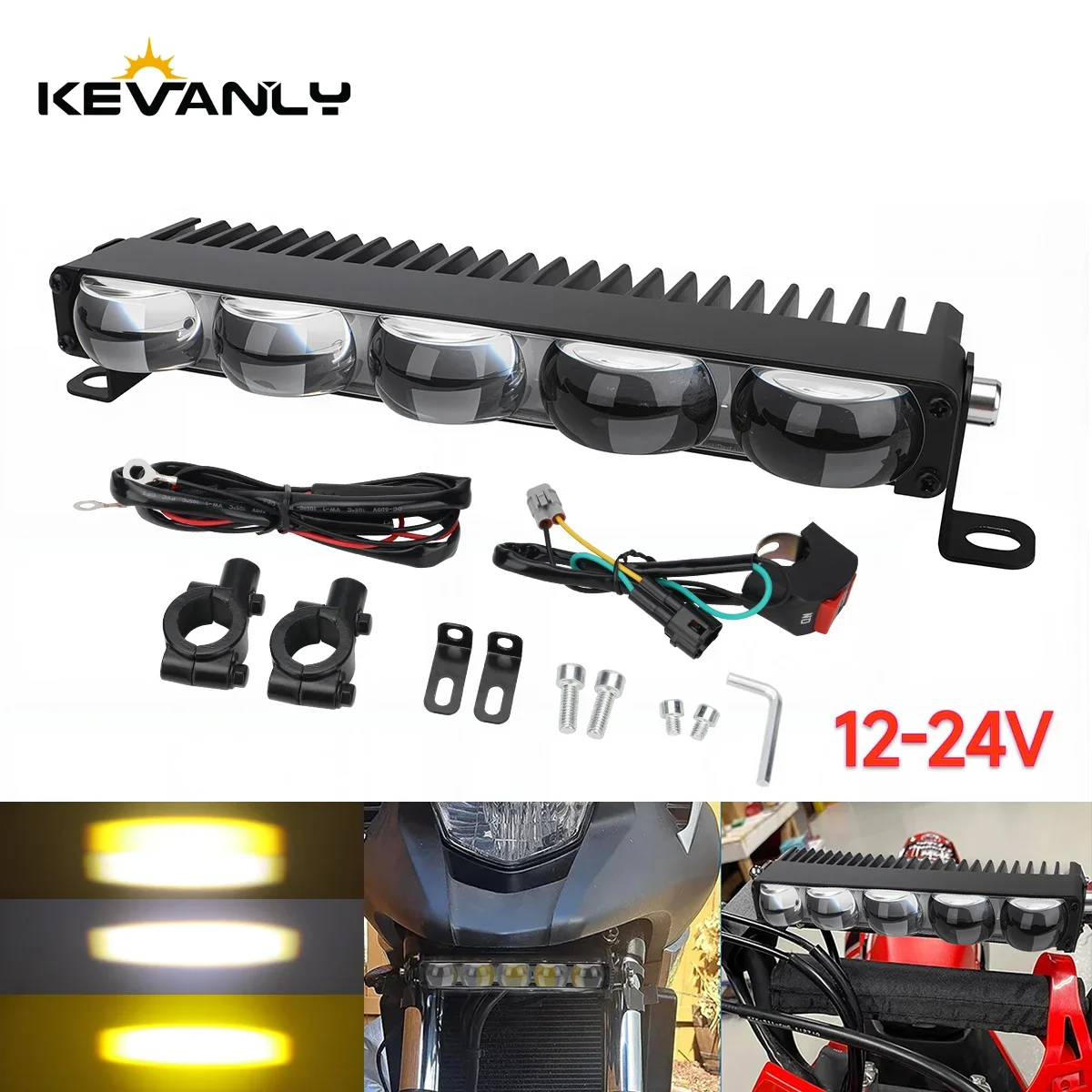Motorcycle Headlight Handlebar LED 5 Lens Light Bar Set 12-24V Spotlight LED With Switch Kit Fits Most Handlebars White Yellow