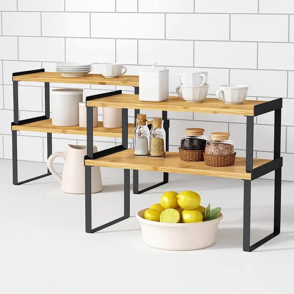 

Kitchen Cabinet Organizer Shel Set of 4, Stackable Pantry Cupboard Countertop Storage and Organizer, Desk Shel Riser, Spice Plat