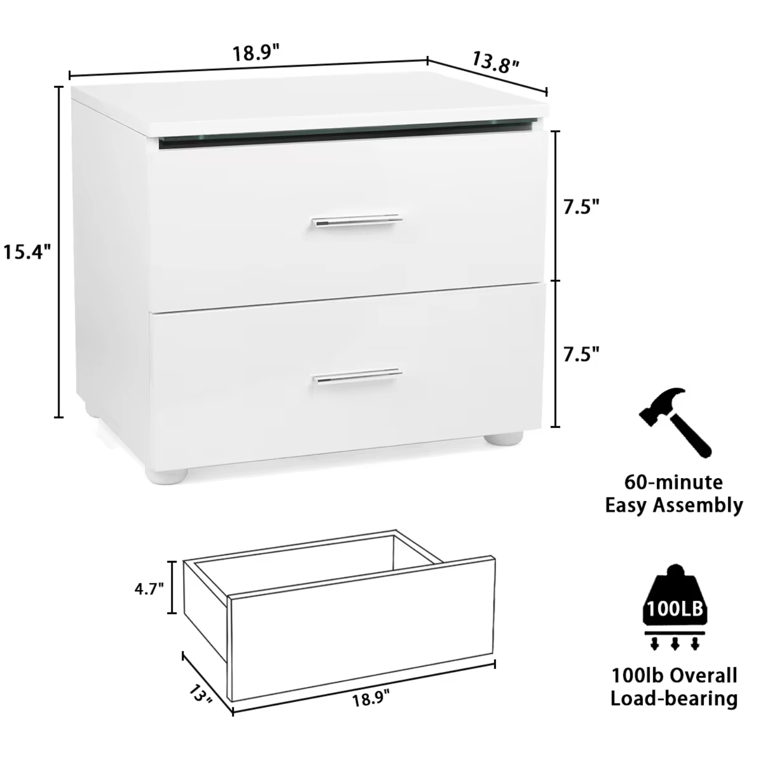 Modern Night Tables High Gloss Light Nightstand with 2 Drawer 20 Modes RGB Bedside Table Bedroom Bedside Cabinet