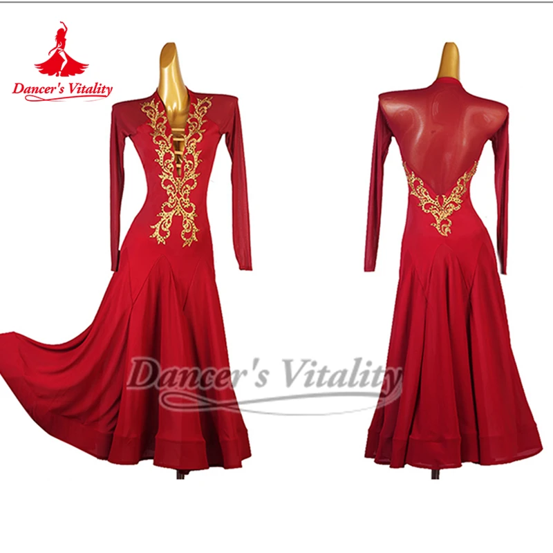 Vestido de baile Social con espalda de malla en forma de V para mujer adulta, elegante vals Foxtrot, ropa de práctica y actuación personalizada de alta gama