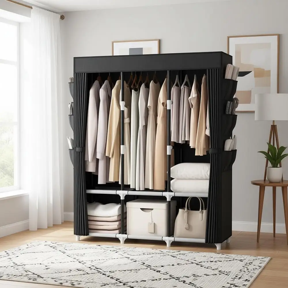 

Sturdy Metal Portable Wardrobe with 3 Rods, 6 Shelves, and Side Pockets, Black