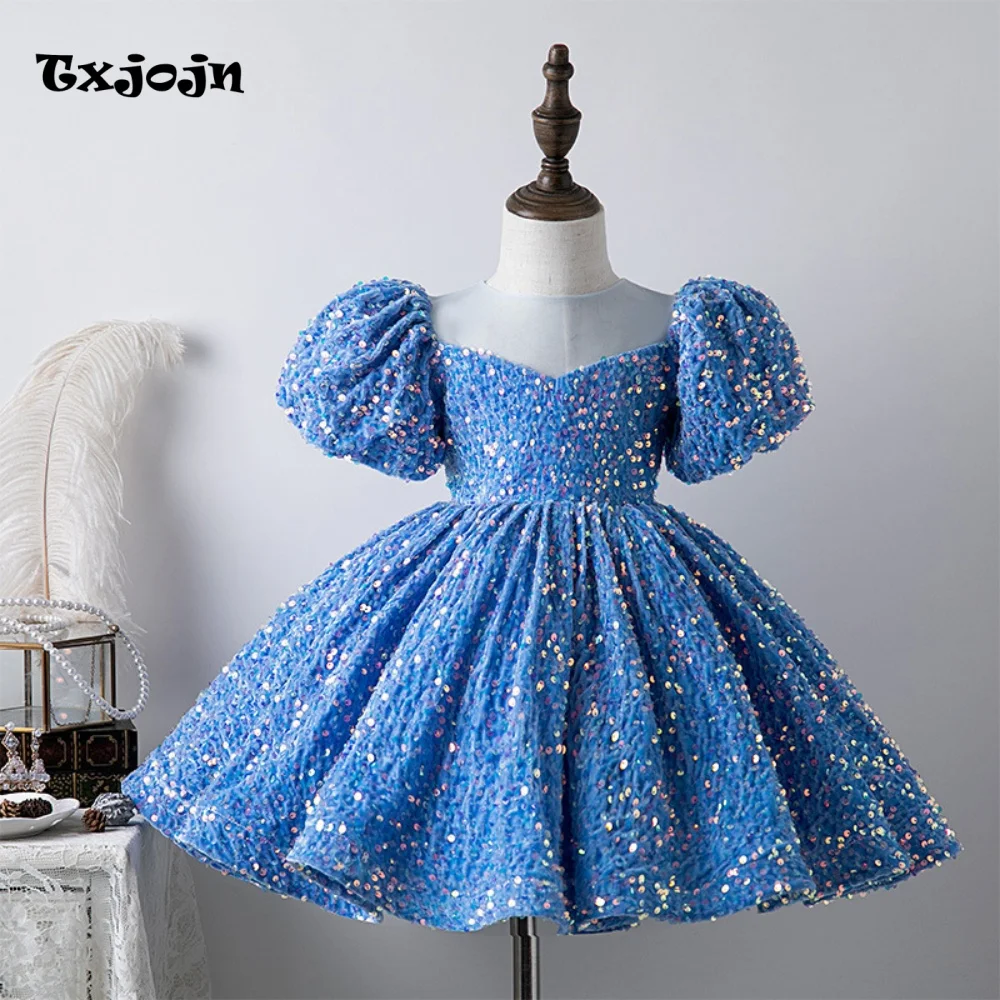 Puff Sleeve Baby Girl Prom Dress Flower Girl Princess Dress Toddler Teens Child Vestido Wedding Party Birthday Clothes 1-14Y