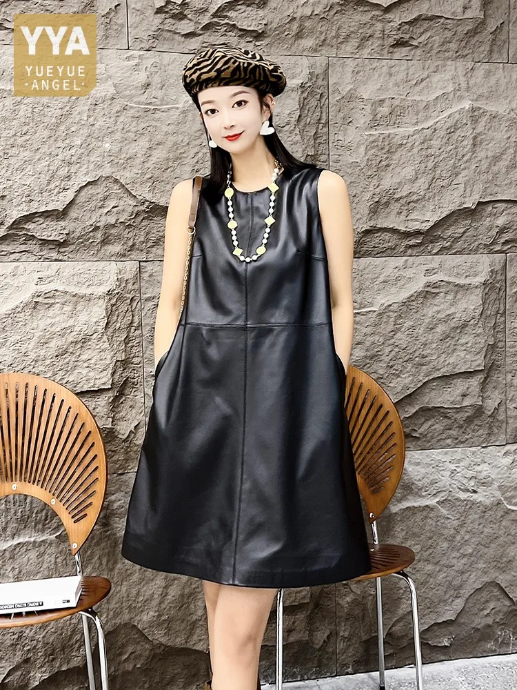 

Women Casual A-Line Genuine Leather Dress Summer Sleeveless Loose Fit Natural Sheepskin Tank Dress O-Neck Female Short Dresses