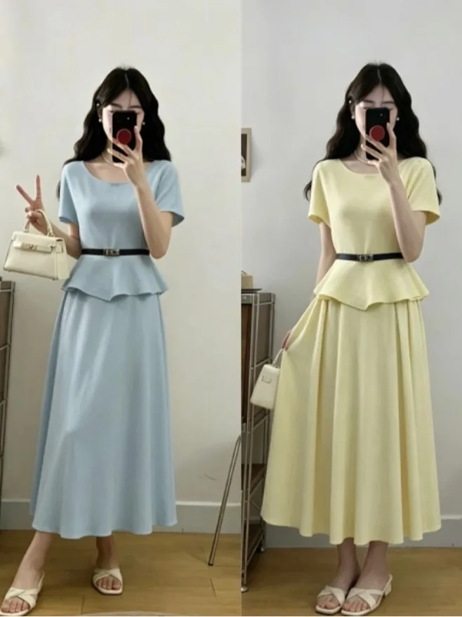 

Summer Short Sleeve plus Size Knitwear with Lace Hem Versatile Half Body Long Skirt Two Piece Set High Waist A-Line Korean Style