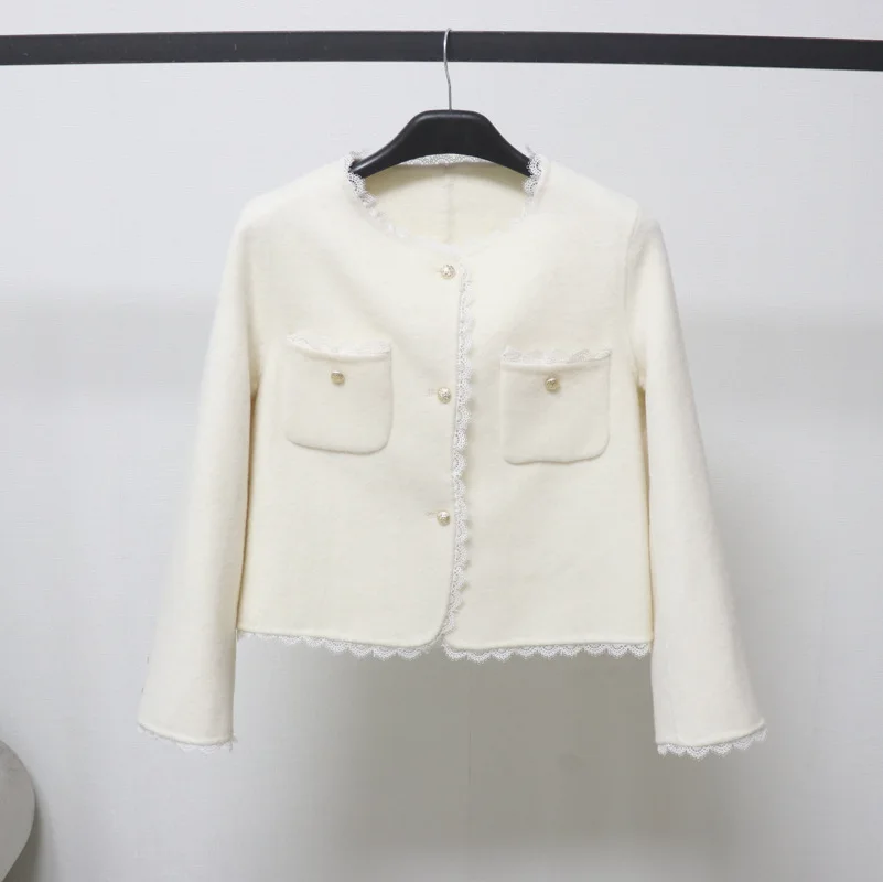 2026 Spring Double-sided Woolen Coat for Women New Small Fragrance White Woolen Coat Wool Short Style Blends Outwear