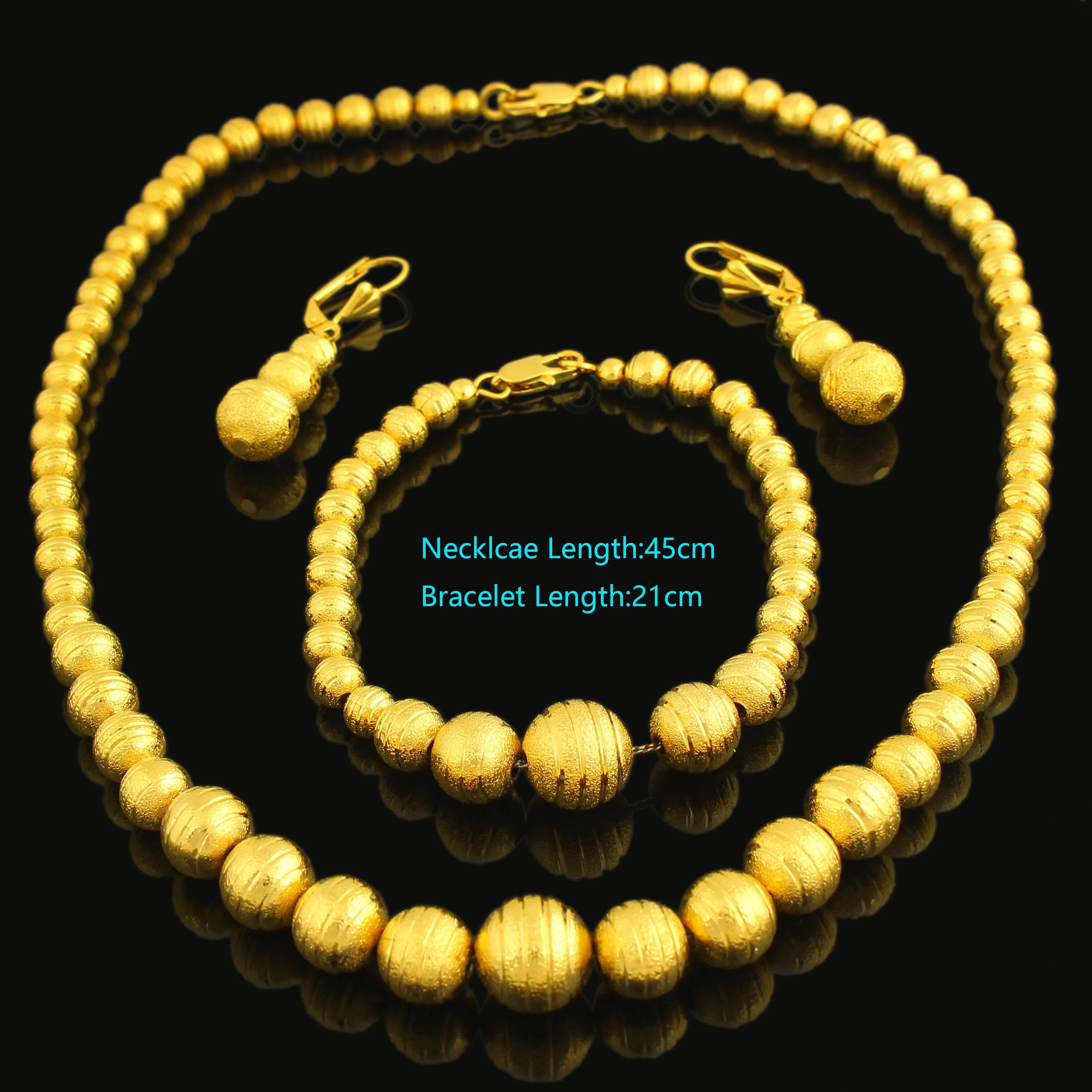Gold Bead Set Jewelry 45cm Necklace/Earring/21cm Bracelet  Gold Color Jewelry Beads African/Ethiopian For Women