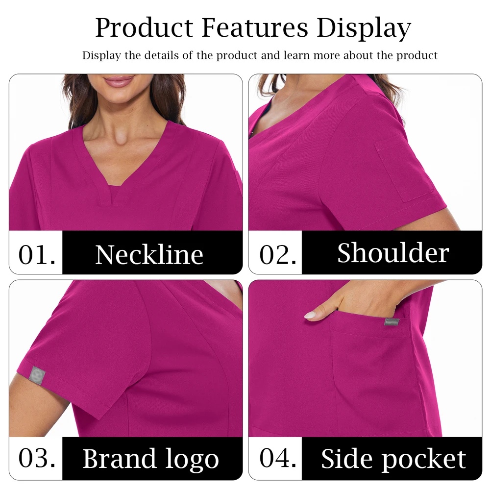 Short Sleeve V-neck Workwear Medical Nurse Uniforms Women Scrubs Tops Dental Dentist Pocket Blouse Clinical Care Workers T-Shirt