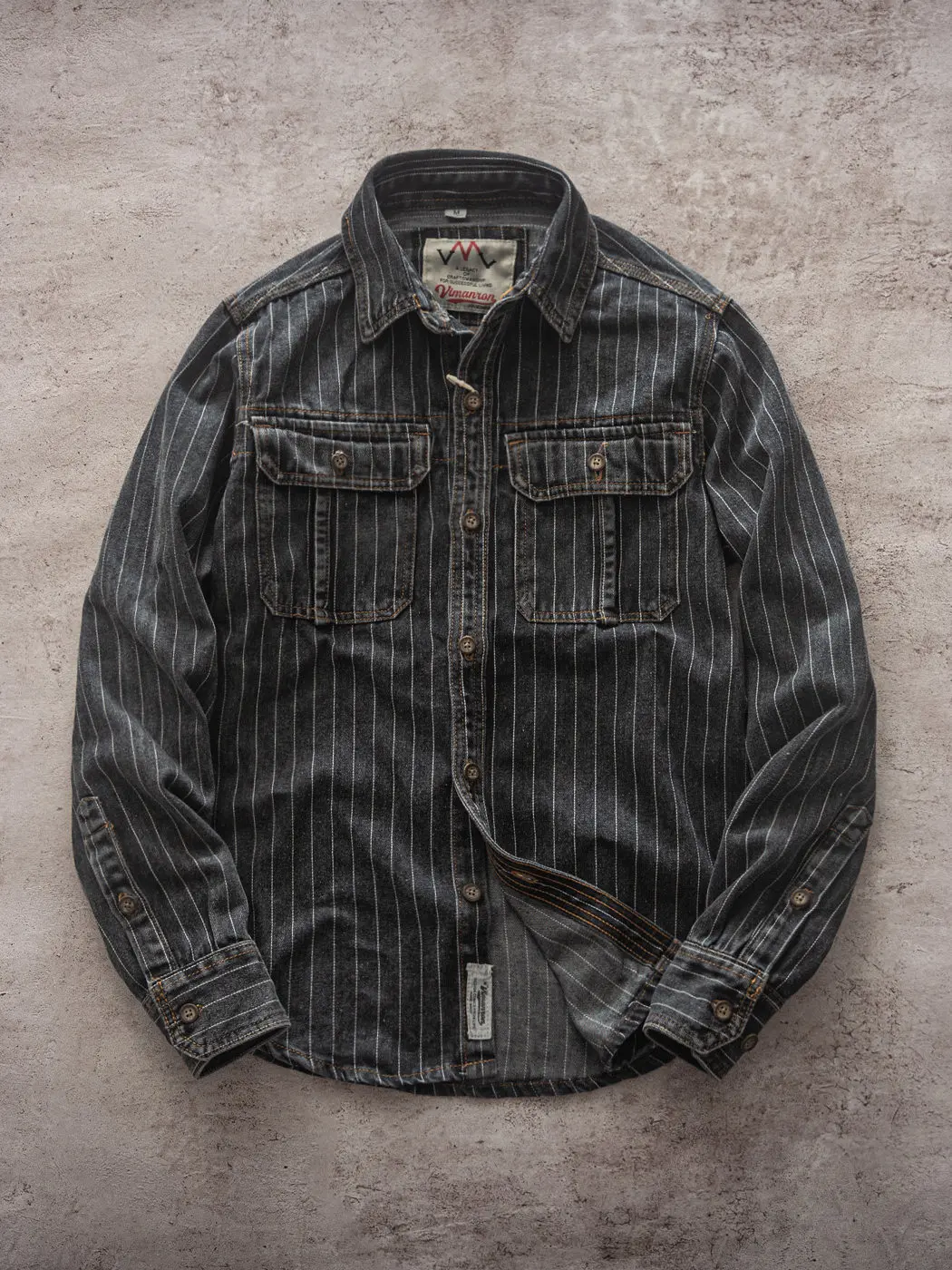 Autumn New American Retro Heavyweight Denim Striped Cargo Shirt Men's 100% Cotton Washed Double Pocket Long Sleeve Lapel Tops