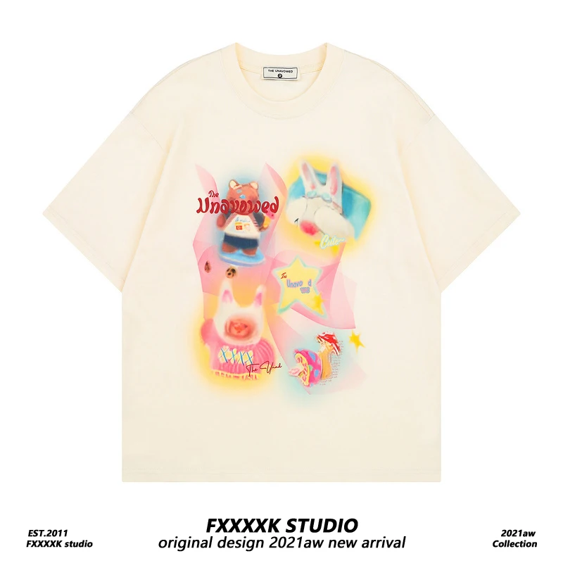 

FXK Original fiti Cartoon Print ort Sve Футболка ex Loose Fit Sweet Cool Sle Универсальный топ f Sve