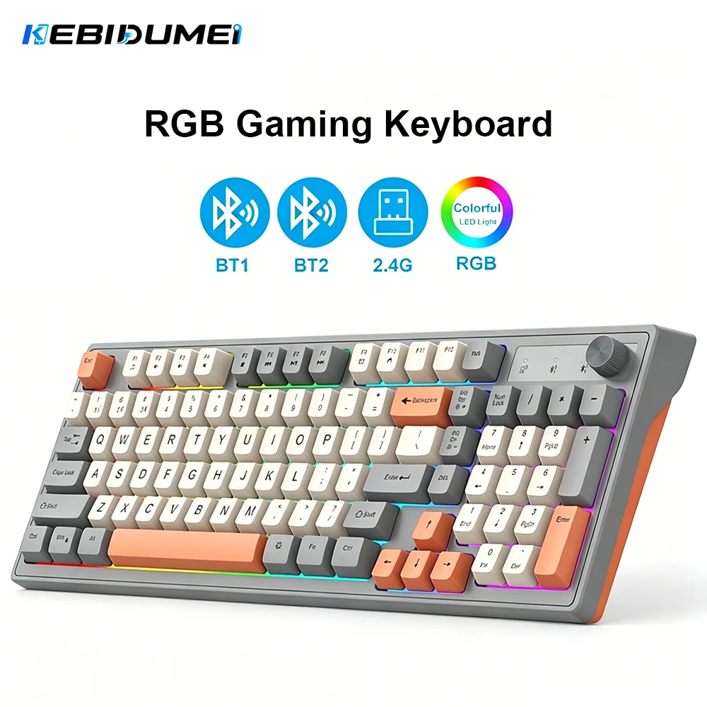 KEBIDUMEI RGB Backlit Gaming Keyboard Dual Mode TWO BT 2.4G Wireless Keyboard 98 Keys Bluetooth Keyboard for PC Laptop Macbook
